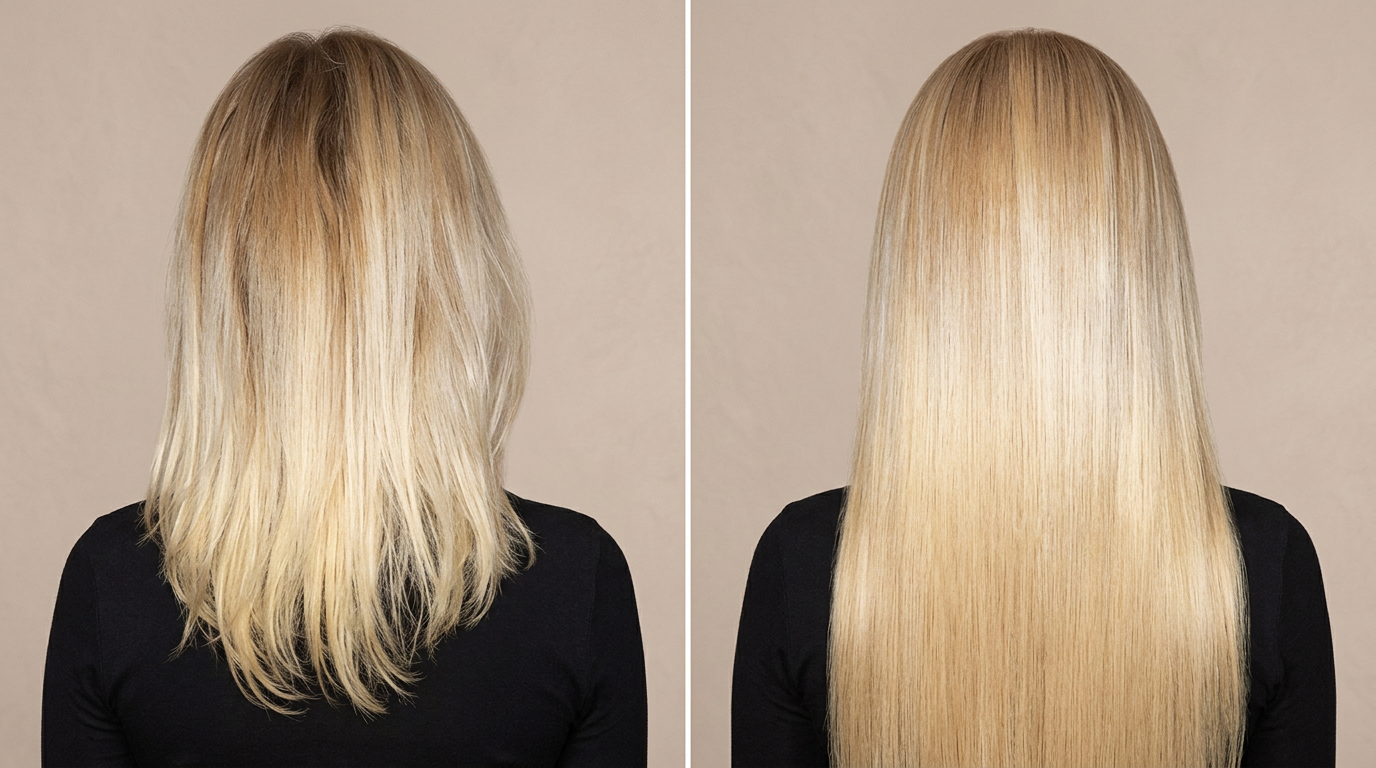 Före och efter hårförlängning hos Glenda's Hair n Beauty Studio